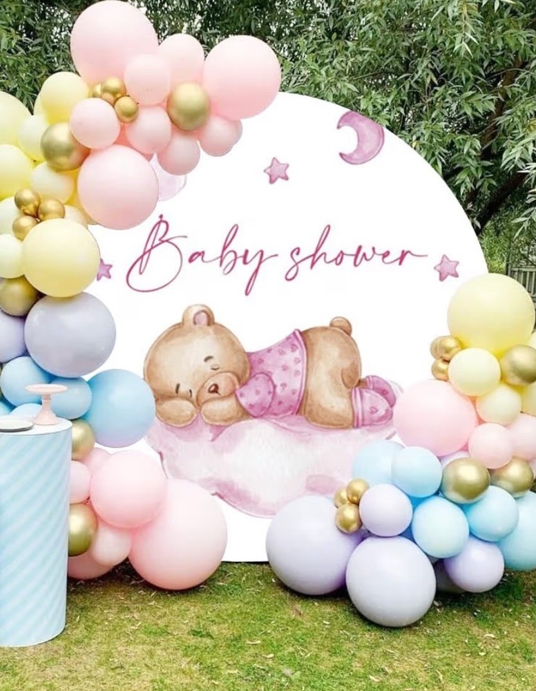 Bear Baby Shower Round Backdrop Cover for Girl Bear Theme Baby Shower Background