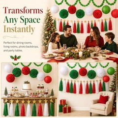 43Pcs Red, Green & White Party Decorations Supplies – Paper Pom