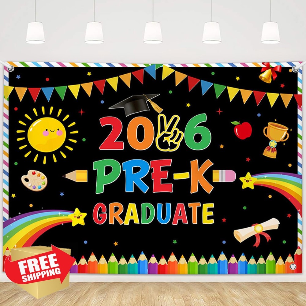 MEHOFOND Grad Backdrop Class of 2026 Preschool Graduation Banner 8x6ft Black