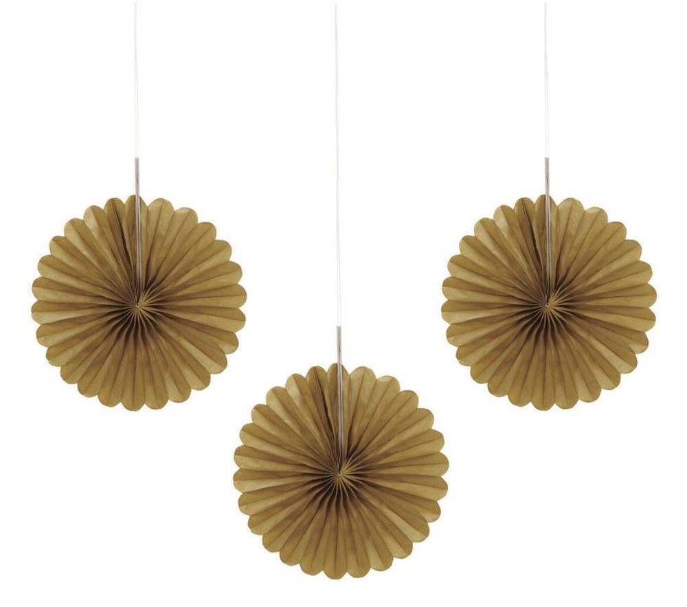 Unique 3 Mini Gold 6” Flower Shaped Tissue Hanging Pom Pom Fans PARTY CELEBRATE