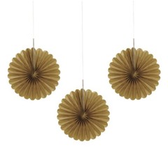 Unique 3 Mini Gold 6” Flower Shaped Tissue Hanging Pom Pom Fans PARTY CELEBRATE