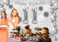 Silver & White 11th Birthday Decorations – 40″ Number Balloons &More-Boy or Girl