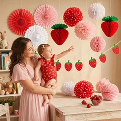 Strawberry Party Decorations Red Pink White Tissue Pom Poms Fans Honeycom Bal…