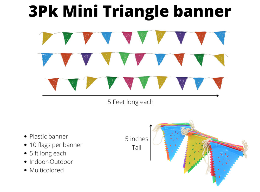3 Pack MINI Triangle Flags Banner Multicolor, 10 flags per banner, 5ft Long each