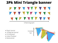 3 Pack MINI Triangle Flags Banner Multicolor, 10 flags per banner, 5ft Long each