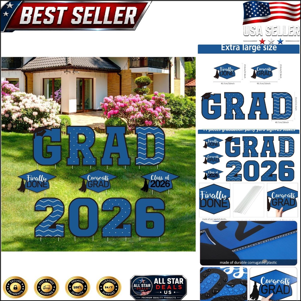 Elegant Blue Graduation Lawn Signs – 11 Pcs Set with 23 Stakes for Celebrations