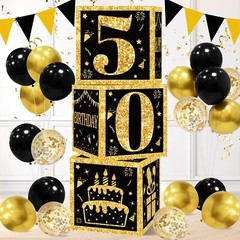 50th Birthday Decorations Boxes for Men- 3PCS Black Gold Happy