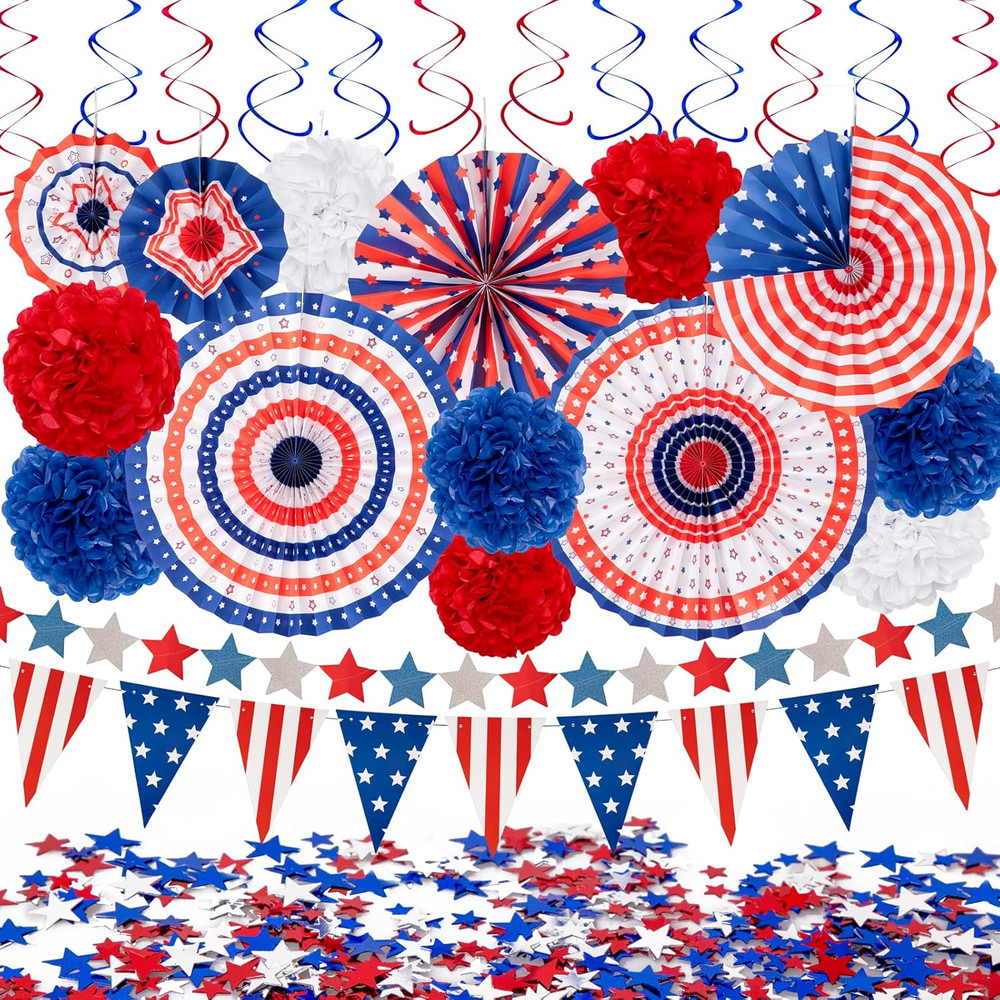 29PCS Patriotic Party Decorations Set Paper Fans Banner Swirls Pom Poms Stars