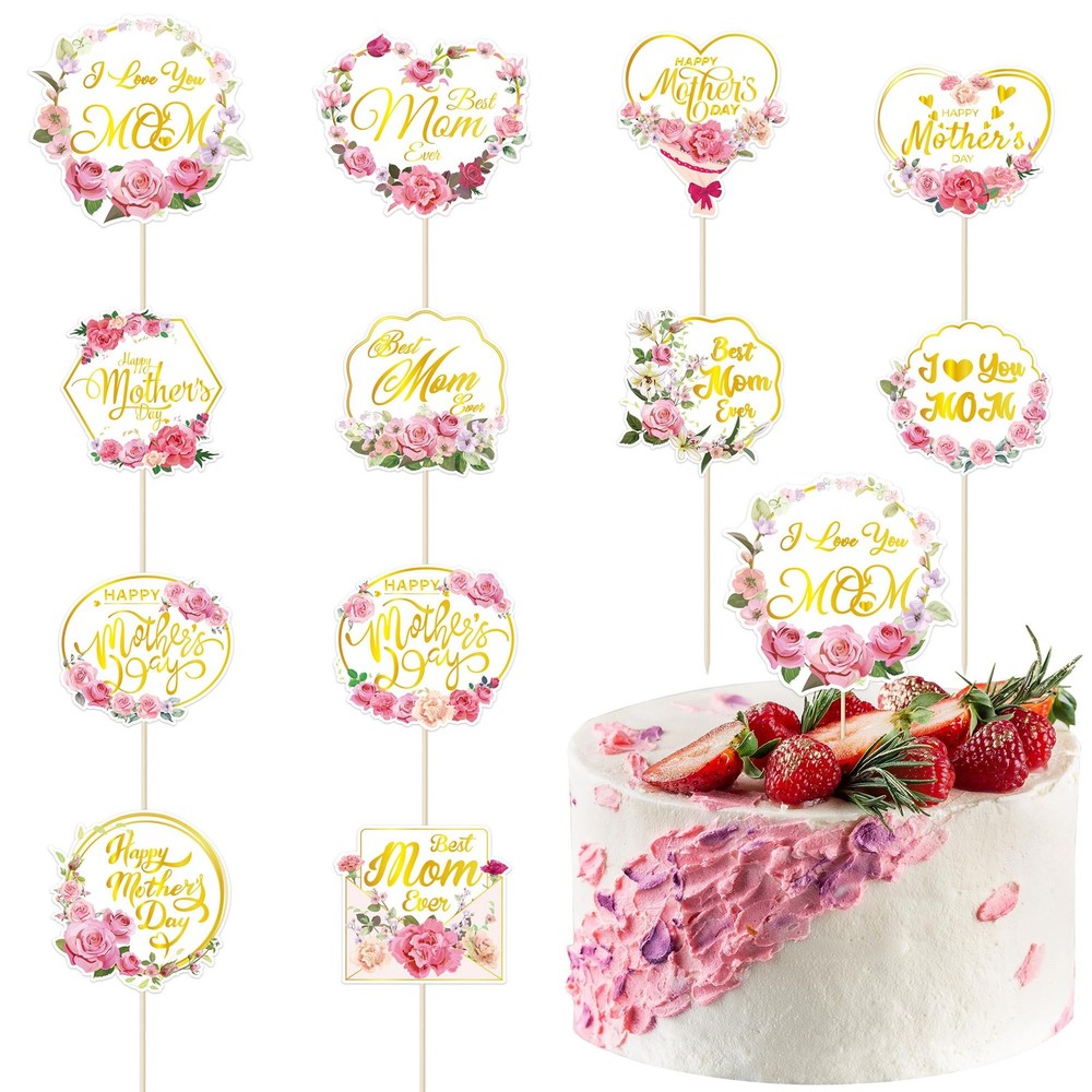 12 Pcs Happy Mothers Day Cupcake Topper, Flower Gold Foil Shape Mother’s Day …