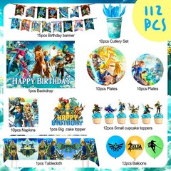 112 Pcs Zelda Party Decorations Tableware Set Napkins Backdrop Plates Banner