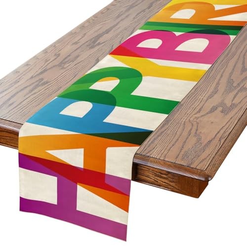 Happy Birthday Table Runner 13×72 Inch Polyester Linen Table Colorful