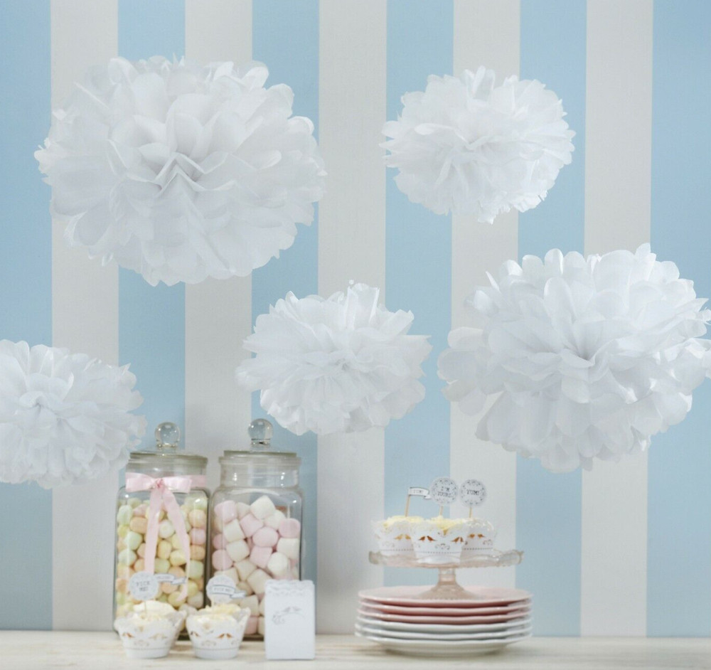 White Tissue Paper Pom Poms, Party Decorations x 5