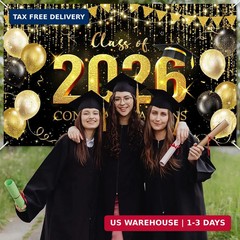 Avezano Graduation Backdrop Black and Gold Congratulations Class of 2026 Banner