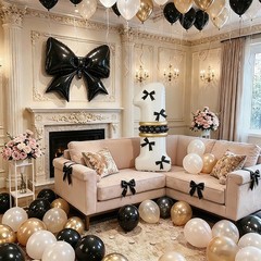 Black Bow 1st Decorations, White Sand Black Gold Balloons with Bow Heart Numb…