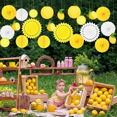 22pcs Summer Lemon Party Decorations – Yellow Hanging Paper Fans, Pom Poms, L…