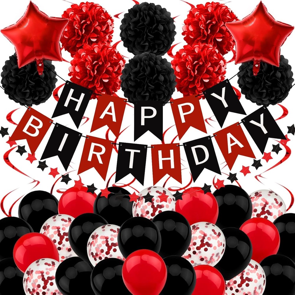 Black Red Happy Birthday Banner Party Decorations for Boys Girls Men Women