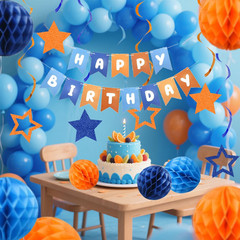 Pre-Strung Happy Birthday Decorations for Boys Men Women, Orange Blue Birthday B