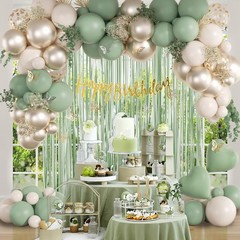 Sage Green Birthday Decorations Set Balloons Banner Fringe Curtain Foil Balloons