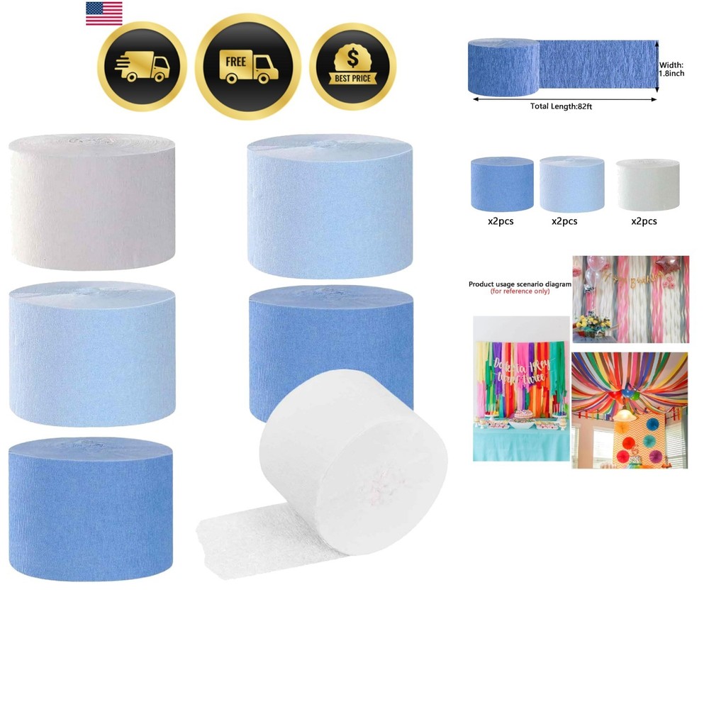 Dusty Blue Light Blue White Crepe Paper Streamers 1.8 Inch Widening 6 Rolls, …