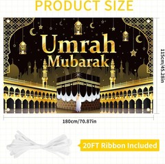 Umrah Mubarak Banner Party Decorations, Gold & Black Backdrop Islamic Party Sup