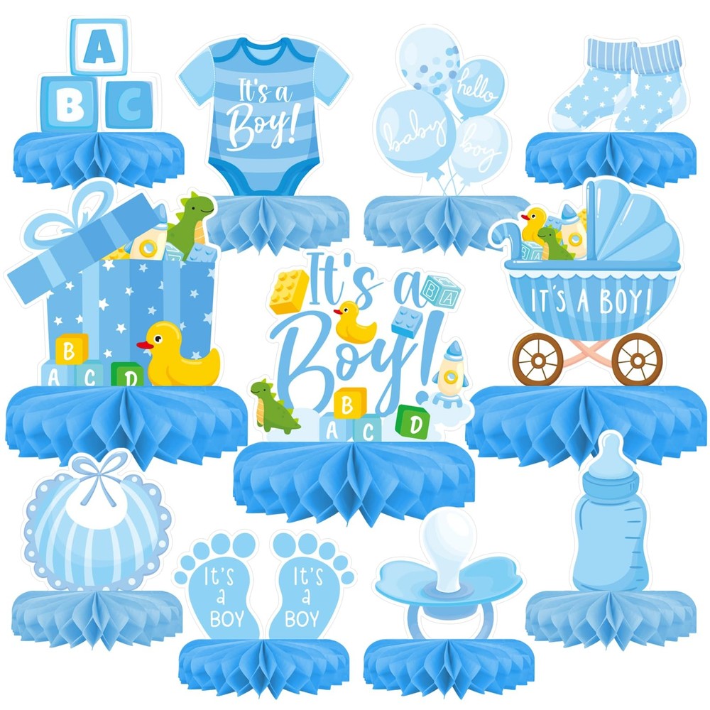 Boy Baby Shower Decorations Set – Kit with blue Honeycomb Centerpiece, Baby R