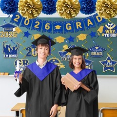 Blue and Gold Graduation Decorations 2026, 2026 Grad Banner Blue&gold