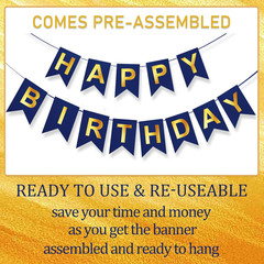Blue Happy Birthday Banner,Navy Blue and Gold Party Decorations Sigh for Birthda