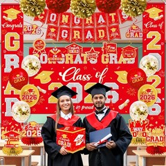 Class of 2026 Graduation Decorations Set – Red & Gold Congrats Grad Banner, Back