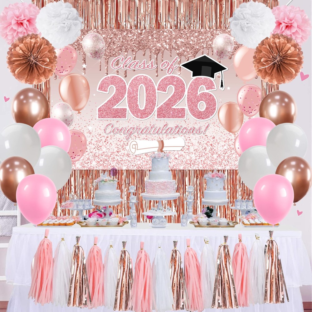 Pink Graduation Decorations Class of 2026, Rose Gold 2026 Graduation Party Decor