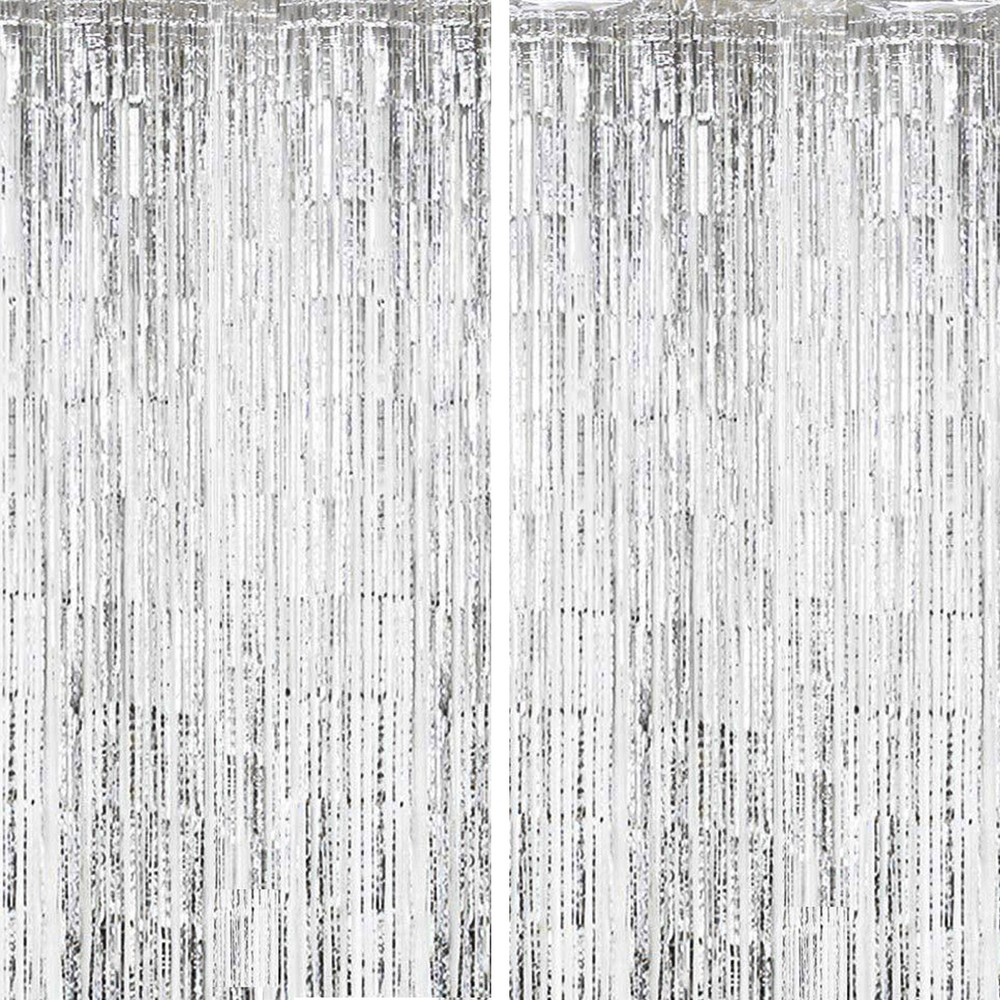 2 Pcs Metallic Tinsel Foil Fringe Curtain Streamer 3.3×8.2 ft Silver