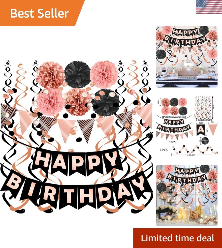 Complete Rose Gold & Black Birthday Party Set with Swirls and Honeycomb Balls