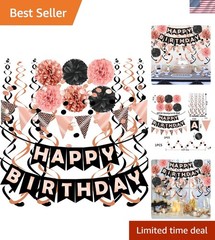 Complete Rose Gold & Black Birthday Party Set with Swirls and Honeycomb Balls