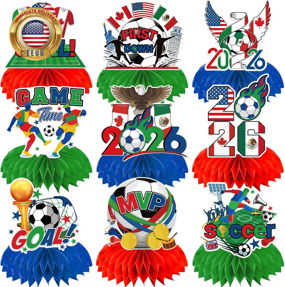 9PCS 2026 World Soccer Party Decorations Red Green and Blue Theme Honeycomb Cent