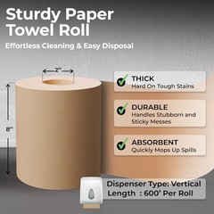 Restaurantware Paper Towel Roll 600′ x 8″ 1 Ply Universal Dispenser 2″ Core H…