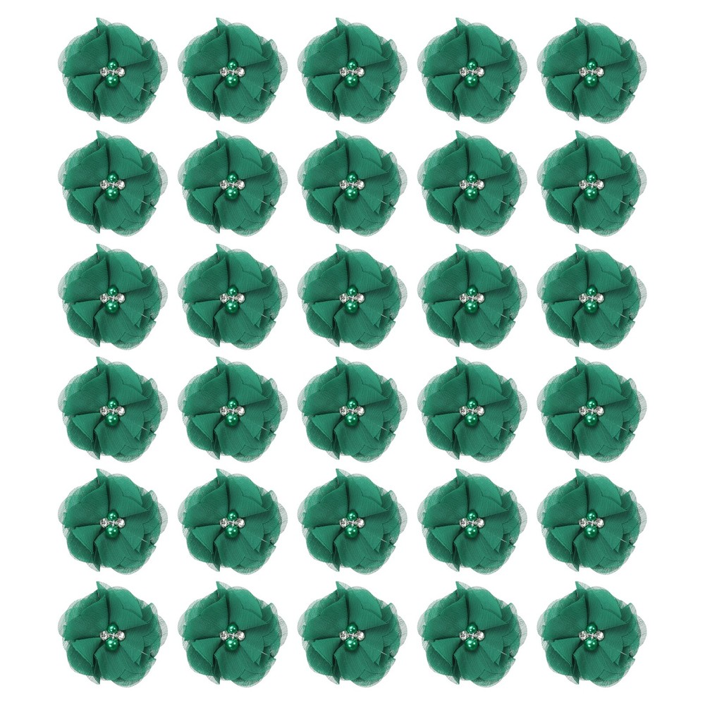 30Pcs 2″ Chiffon Flowers with Rhinestone Pearl Sewing Fabric Flowers Dark Green