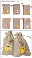 36 Pcs Easter Burlap Goody Bags,Egg Bunny Chick Treat Drawstring Linen Bags