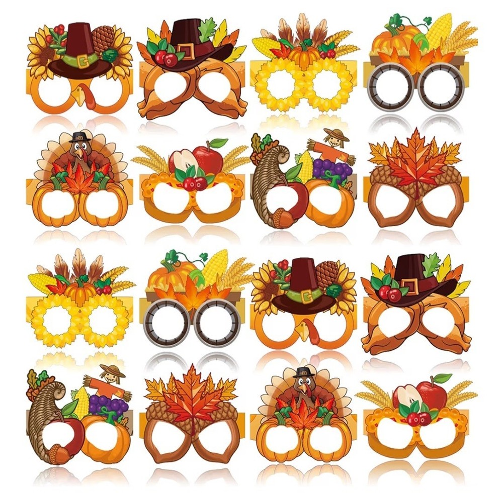 Set – 16 Fall Thanksgiving Paper Glasses Turkey Pumpkin Maple Leaves Photo Props