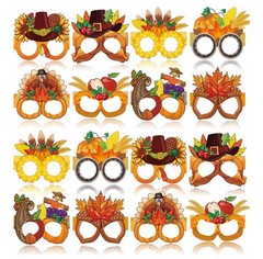 Set – 16 Fall Thanksgiving Paper Glasses Turkey Pumpkin Maple Leaves Photo Props