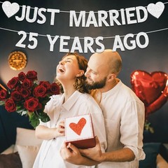 25Th Wedding Anniversary Party Banner Decorations, Silver Glitter Just Married 2