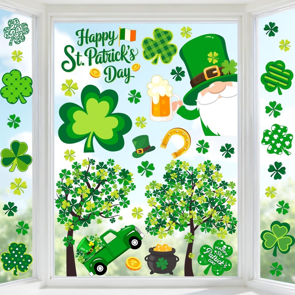 5 Sheet St. Patrick’s Day Window Clings, Green Shamrock Clover Tree Gnome Gold C