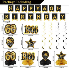 30PCS 60Th Birthday Decorations for Men Women, Black Gold Vintage 1966 Banner Ho