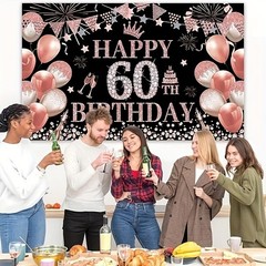60th Rose Gold Birthday Party Background – Happy Birthday Rose Gold Balloons