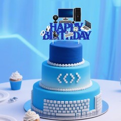 Blue Happy Birthday Computer Intelligence Theme Cake Topper Decoration