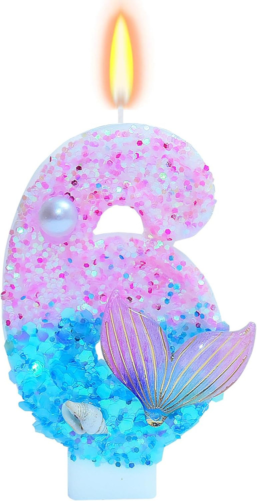 Mermaid Themed Birthday Candles, Number 6 Girls Glitter Birthday Party Supplies,