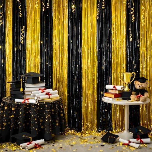 Stunning Black Gold Graduation Backdrop – 2 Foil Streamers for 2026 Parties