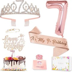 7th Birthday Decorations Girls Rose Gold Crown Sash Cake Topper Candles Balloons