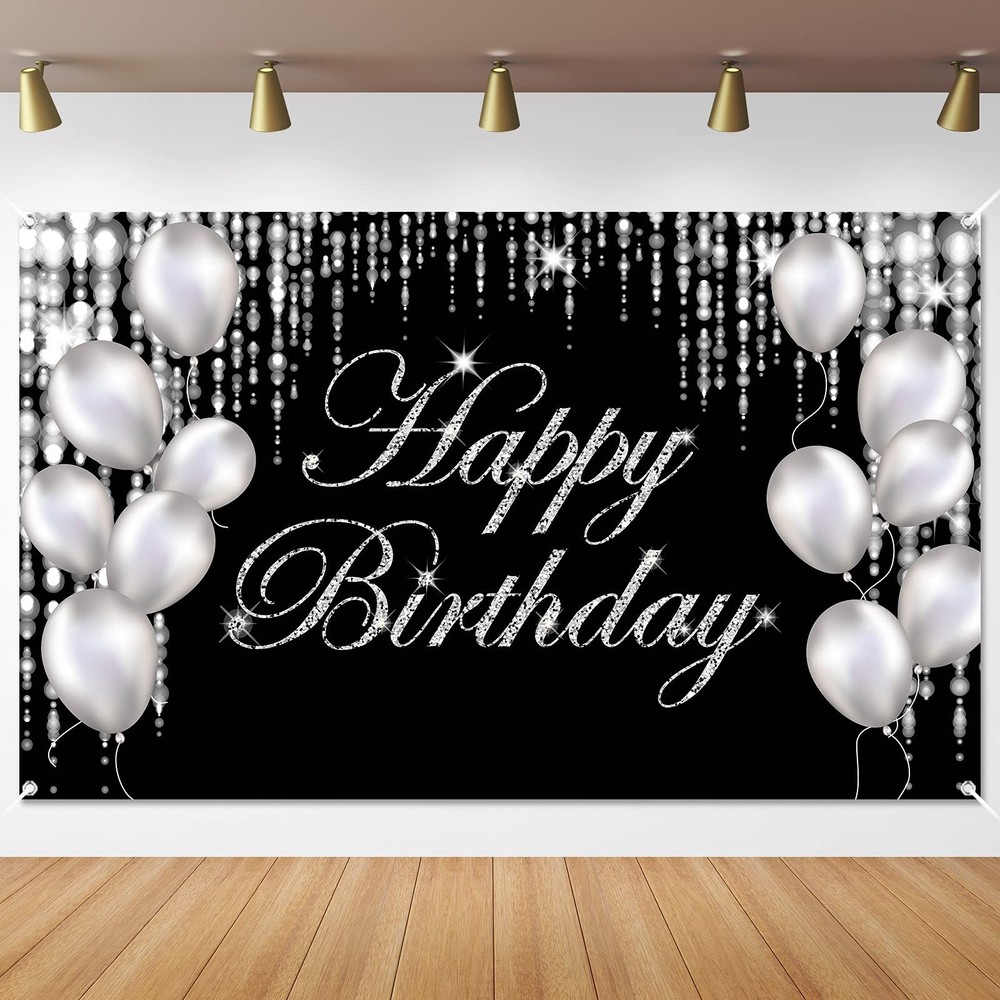 Silver Black Happy Birthday Backdrop Banner Photography Background Party Decor