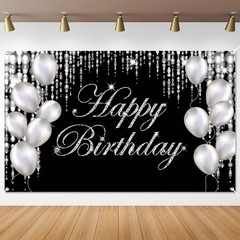 Silver Black Happy Birthday Backdrop Banner Photography Background Party Decor