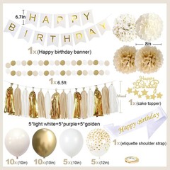 Upgraded Gold White Birthday Party Decorations for Girls Women Men with Happy Bi