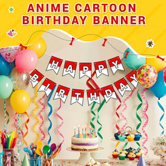 Red and White Cartoon Birthday Banner Cute Anime Theme Birthday Decorations Pape